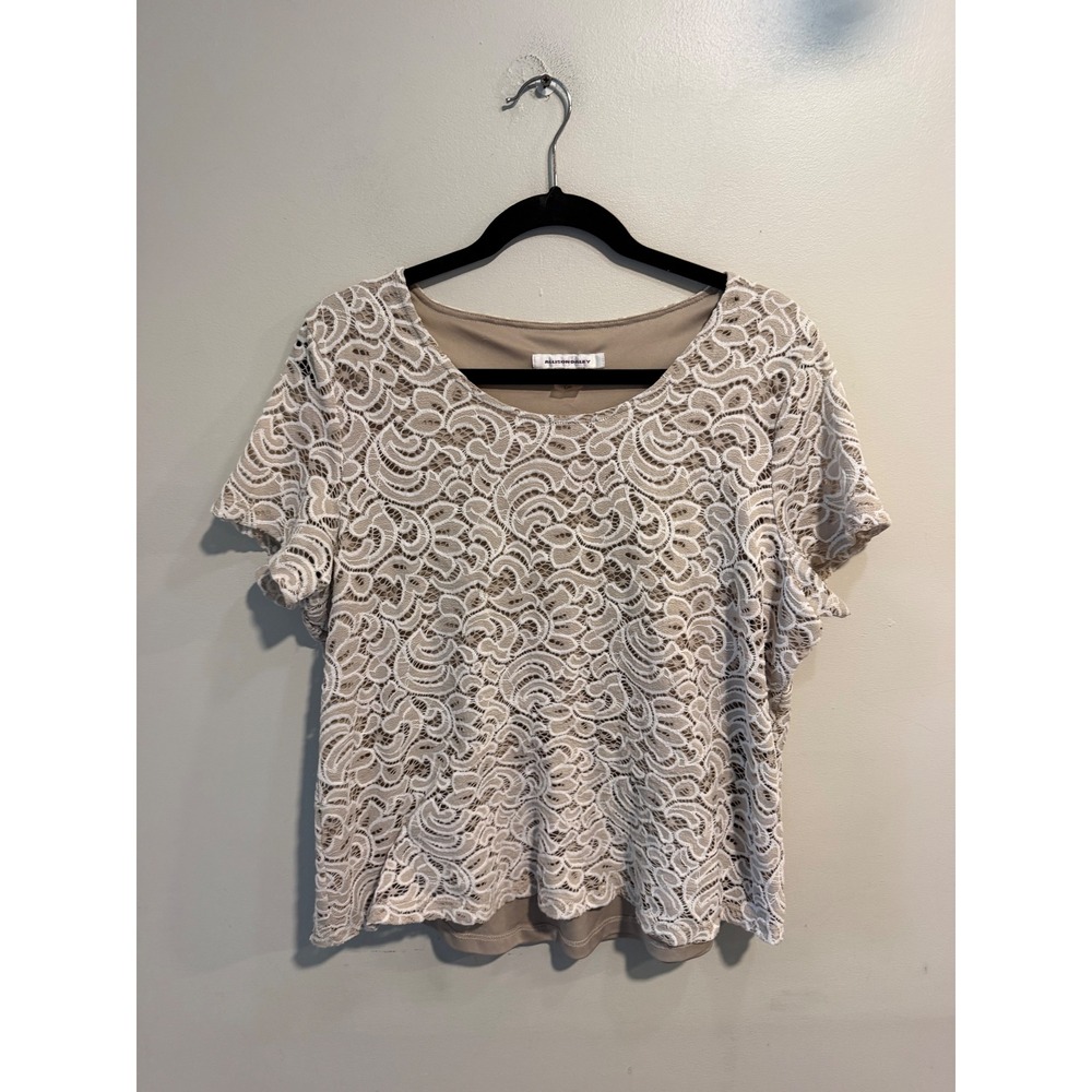 Allison Daley Womens Large Tan White Lace Overlay Scoop Neck Short Sleeve Blouse
